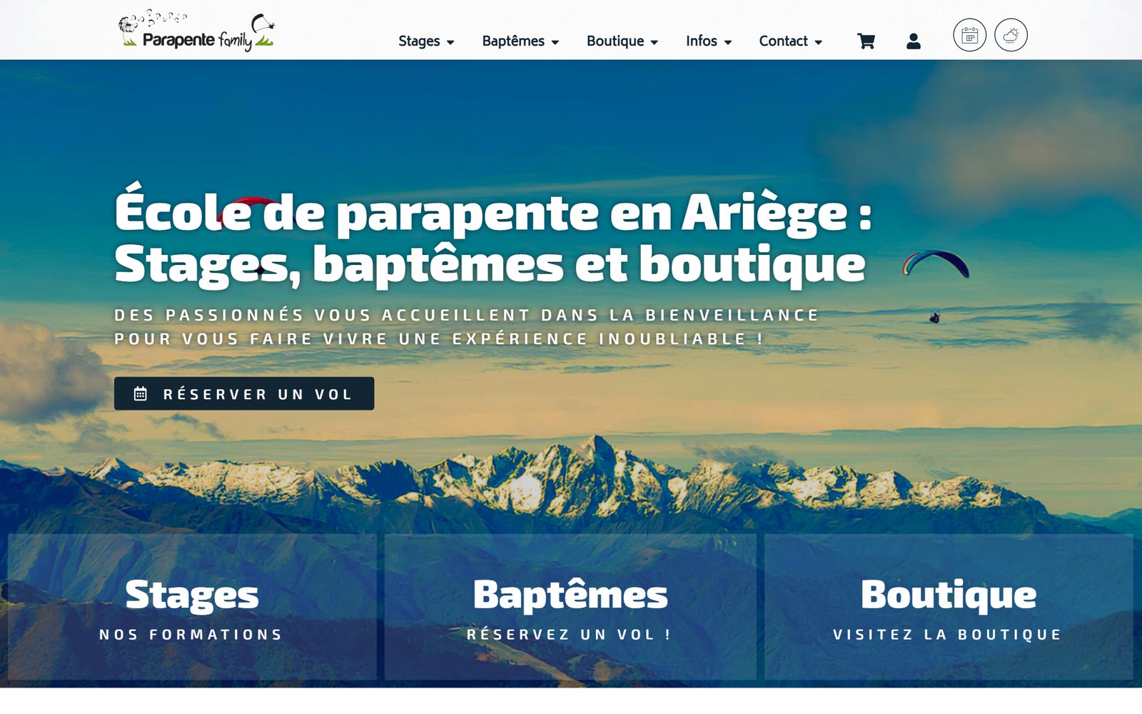 Site web de l'école Parapente Family en Ariège, créé sur mesure par La Fabrik du Web